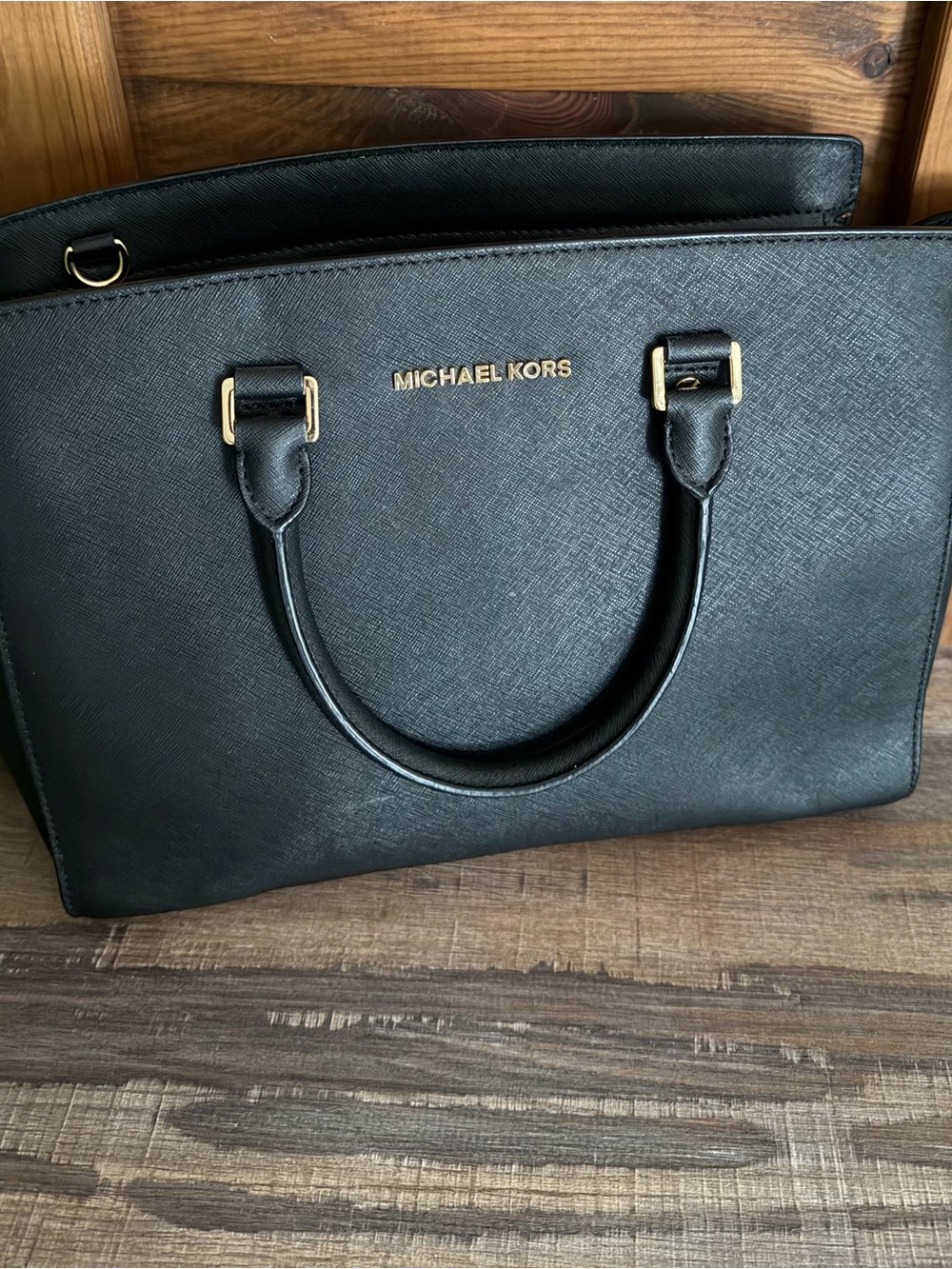 Michael Kors Black Saffiano Leather Satchel with Gold Hardware